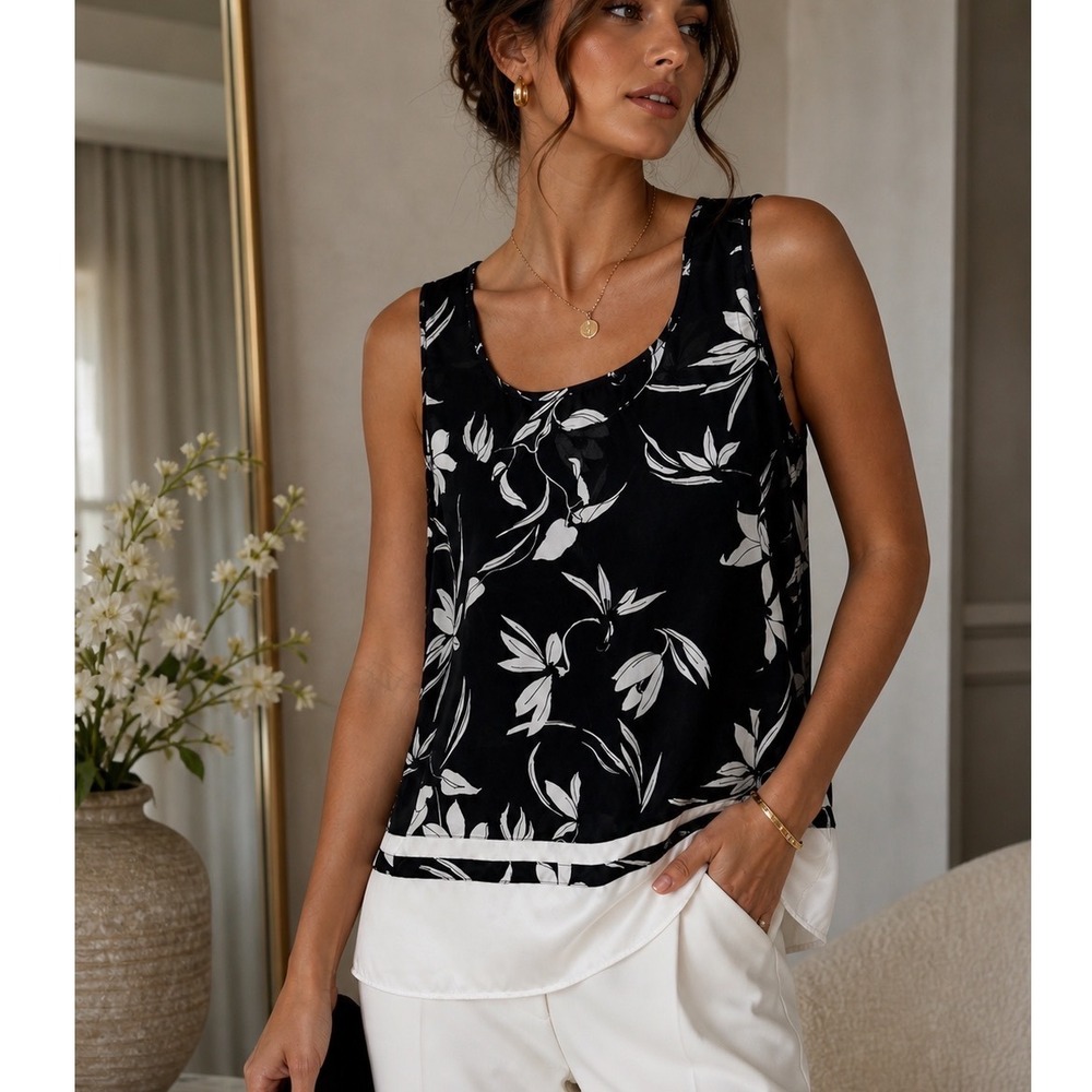 Banana Republic Floral Tank Top Layered Hem Black White Size XS Blouse
